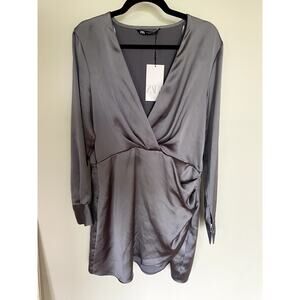 NWT ZARA GREY SATIN SHORT WRAP DRESS LONG SLEEVES SIZE XL